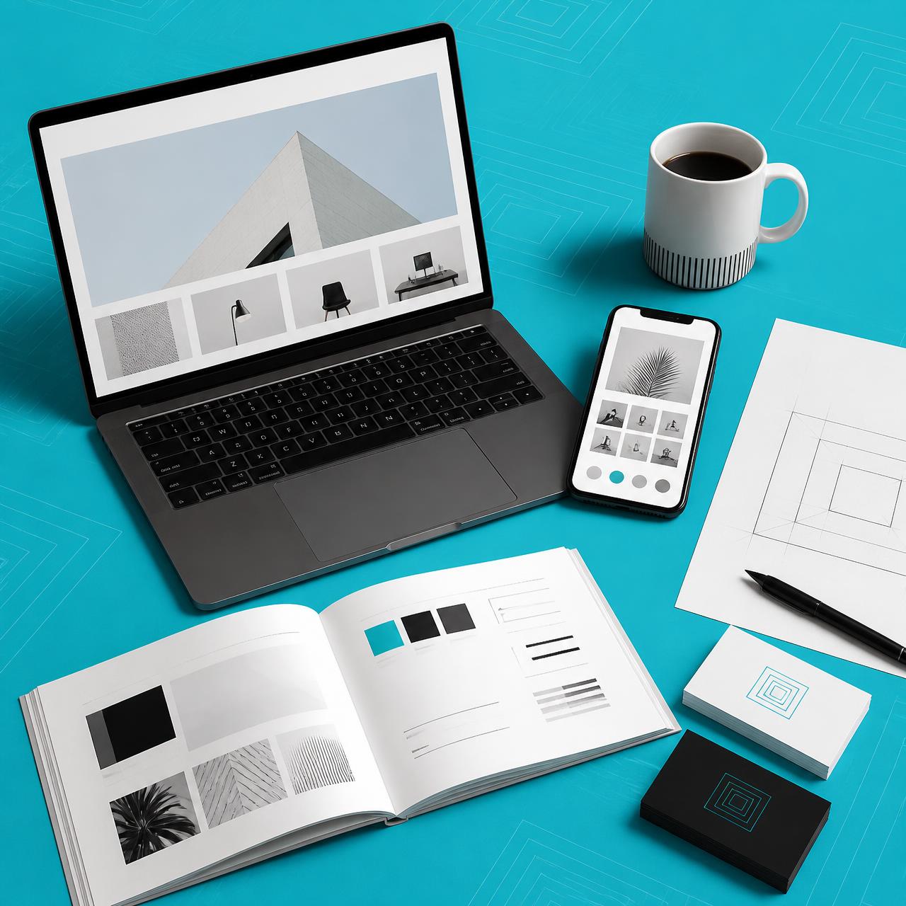 Layered geometric brand identity composition